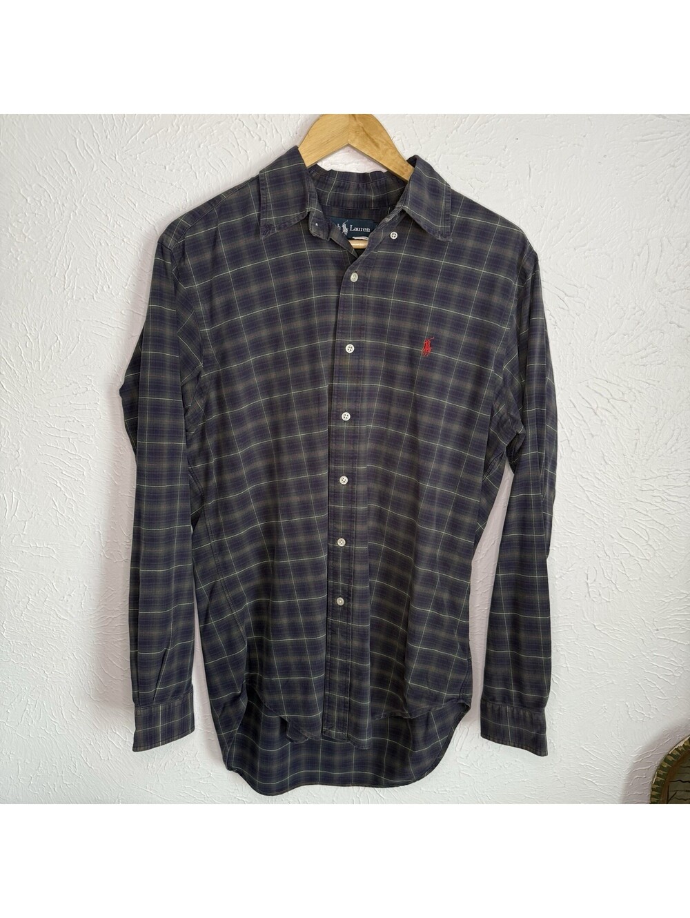 Vintage Polo Ralph Lauren Shirt Mens M Plaid Purple Green Classic Fit Preppy 90s